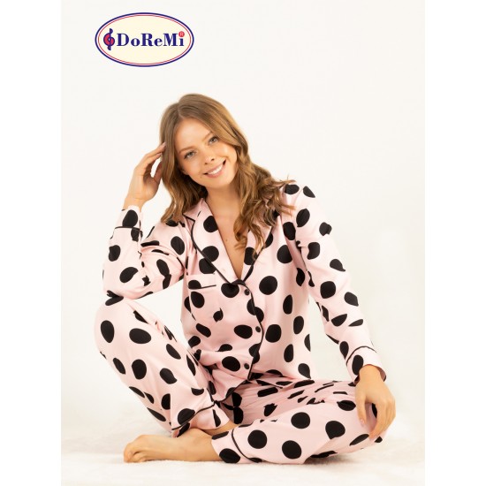  DoReMi Puantiyeli Doğal Viskon Soft Yumuşak Düğmeli Pijama Takımı 002-000851