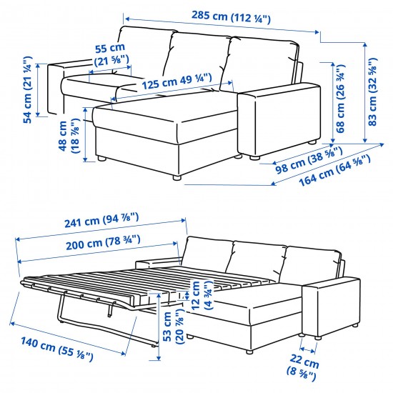VIMLE 2'li yataklı kanepe ve uzanma koltuğu, hallarp gri