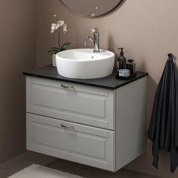 GODMORGON/TOLKEN lavabo dolabı kombinasyonu, açık gri-siyah mermer görünüm