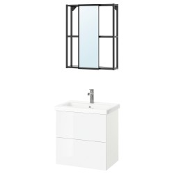 ENHET/TVALLEN banyo mobilyası seti, parlak cila beyaz-antrasit