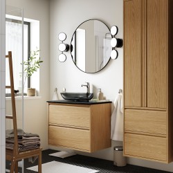 ANGSJÖN/TOLKEN/OXMYREN lavabo dolabı kombinasyonu, meşe görünümlü-siyah mermer görünüm
