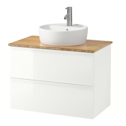 GODMORGON/TOLKEN lavabo dolabı kombinasyonu, parlak cila beyaz-bambu