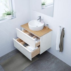 GODMORGON/TOLKEN lavabo dolabı kombinasyonu, parlak cila beyaz-bambu