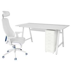 UTESPELARE/MATCHSPEL çekmece üniteli oyuncu masası ve sandalyesi, açık gri-beyaz