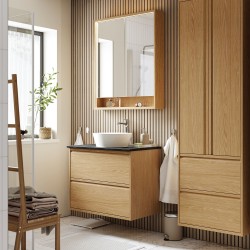 ANGSJÖN/TOLKEN/KATTEVIK lavabo dolabı kombinasyonu, meşe görünümlü-siyah mermer görünüm