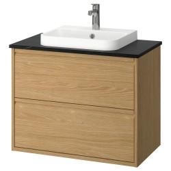 ANGSJÖN/TOLKEN/BACKSJÖN lavabo dolabı kombinasyonu, meşe görünümlü-siyah mermer görünüm