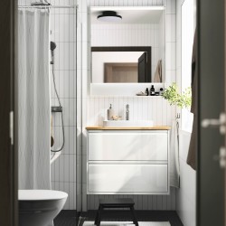 ANGSJÖN/ALSKEN/BACKSJÖN lavabo dolabı kombinasyonu, parlak cila beyaz-bambu