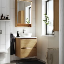 ANGSJÖN/TOLKEN/KATTEVIK lavabo dolabı kombinasyonu, meşe görünümlü-beyaz mermer görünüm