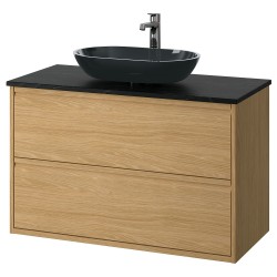 ANGSJÖN / TOLKEN / OXMYREN lavabo dolabı kombinasyonu, meşe görünümlü-siyah mermer görünüm