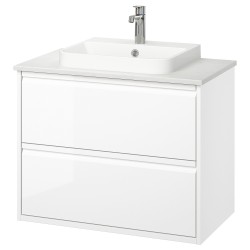 ANGSJÖN/TOLKEN/BACKSJÖN lavabo dolabı kombinasyonu, parlak cila beyaz-beyaz mermer görünüm