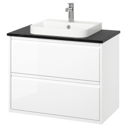 ANGSJÖN/TOLKEN/BACKSJÖN lavabo dolabı kombinasyonu, parlak cila beyaz-siyah mermer görünüm