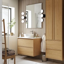 ANGSJÖN/TOLKEN/KATTEVIK lavabo dolabı kombinasyonu, meşe görünümlü-beyaz mermer görünüm